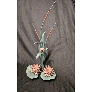 Vintage MCM Italian Tole Metal Candle Wall Sconce Lily Pad & Cattail 25" 1970's